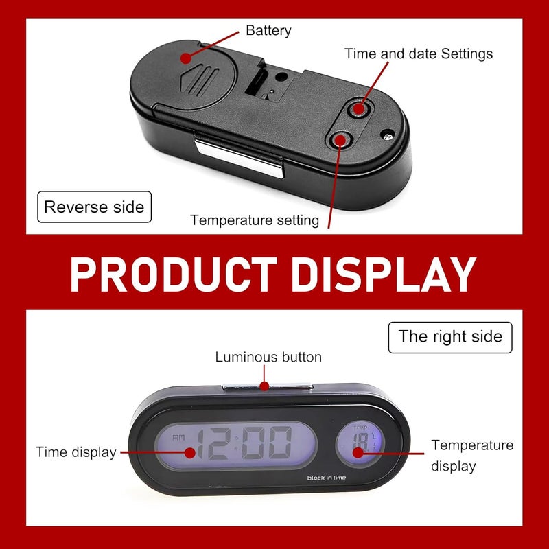 Eratus 1 PC Car 2.95" x 1.1" x 0.7" Digital Clock with Thermometer, Angle Adjustable Dashboard Vent Mini LCD Luminous Large Screen Clock, Black - Image 3